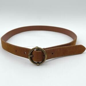 Linea Pelle | NEW Cognac Brown Skinny Suede Belt Round Circle Brass Buckle